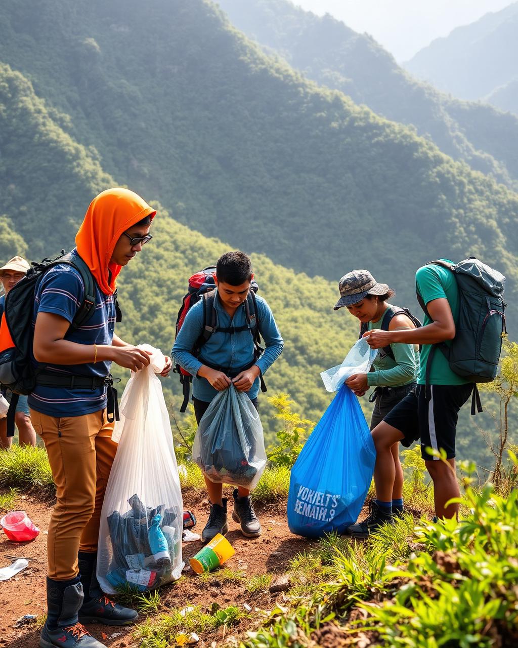 Group of hikers cleaning up a trail