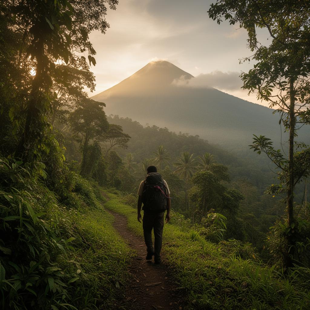 Hiker on an Indonesian mountain trail